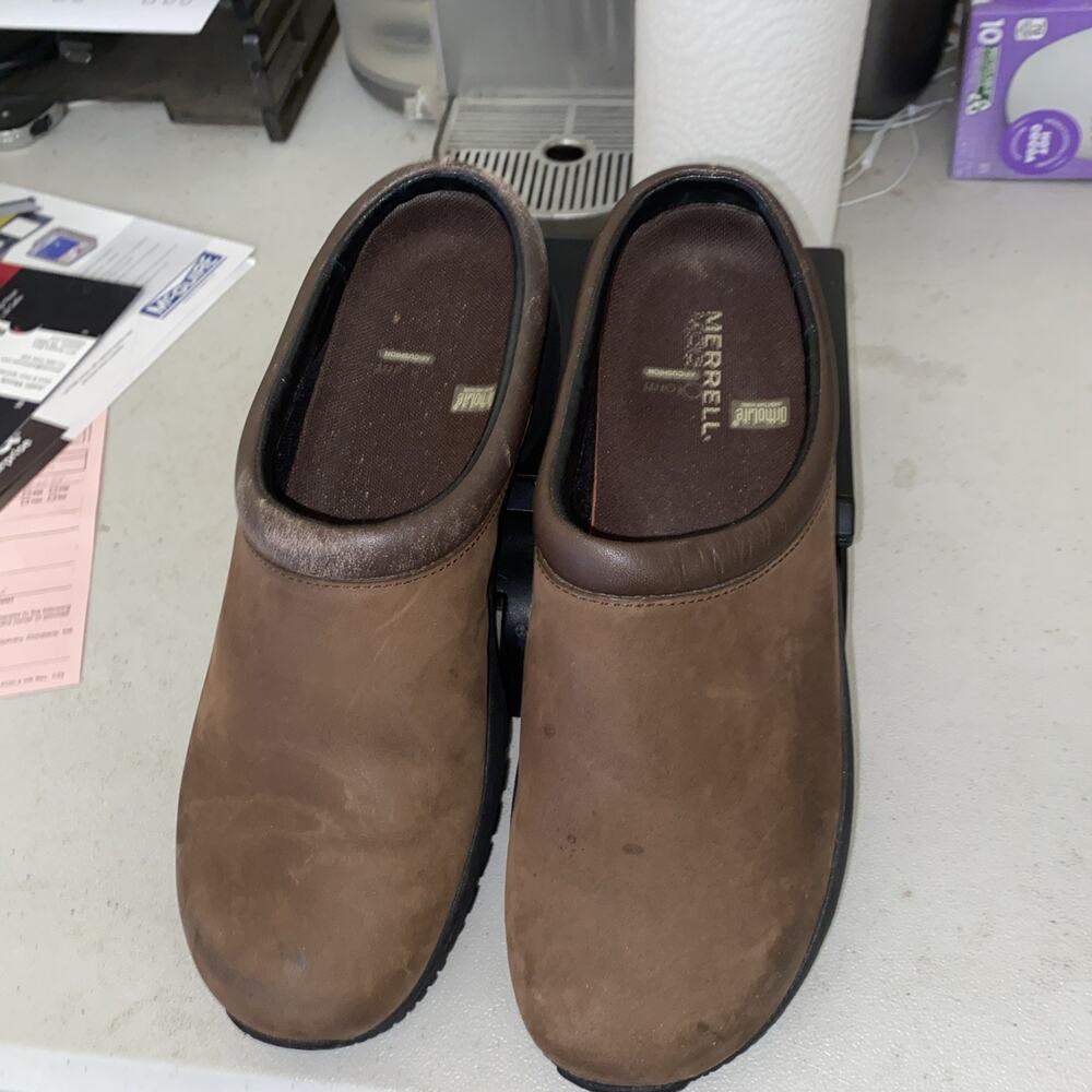 Merrell Encore Groove Dark Brown Nubuck Leather Slip On Clog Mules Womens Size10